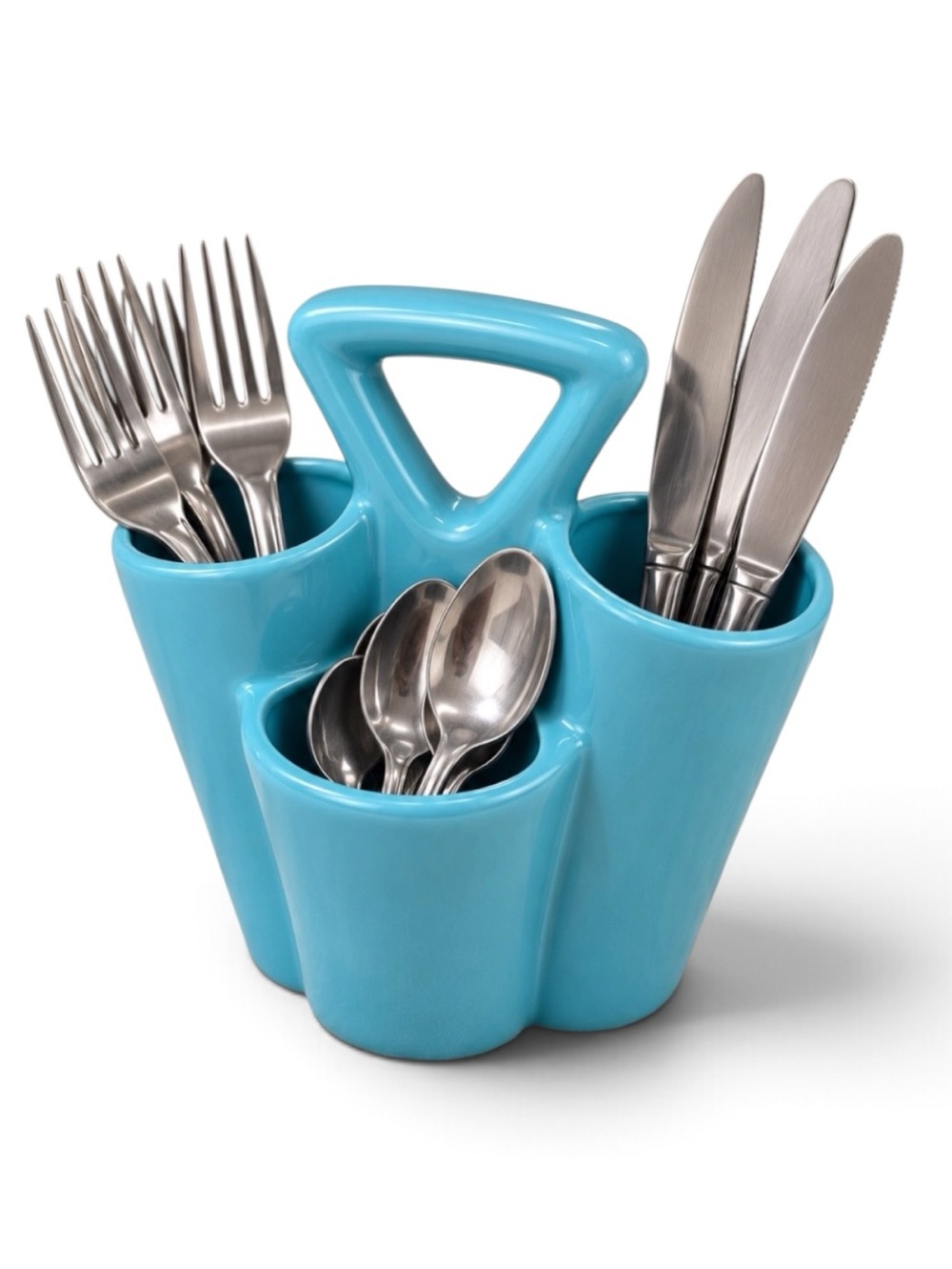 Vintage Blue Ceramic Silverware Caddy 4 Compartment Holder with Carry Handle